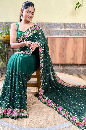 green green & pink floral sequinned saree