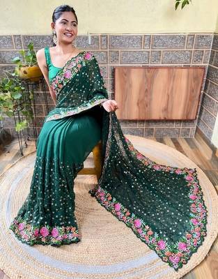 green green & pink floral sequinned saree 5