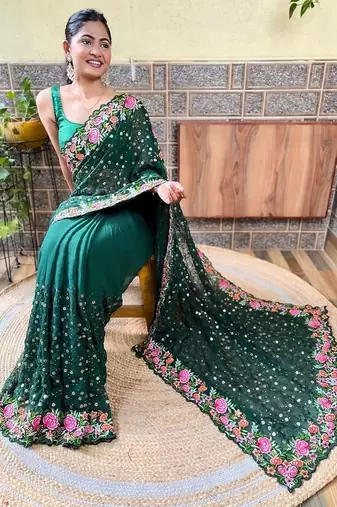 green green & pink floral sequinned saree