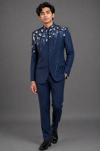 Midnight blue embellished bandhgala set