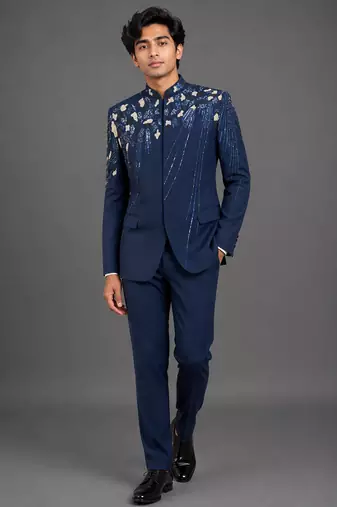 Midnight blue embellished bandhgala set