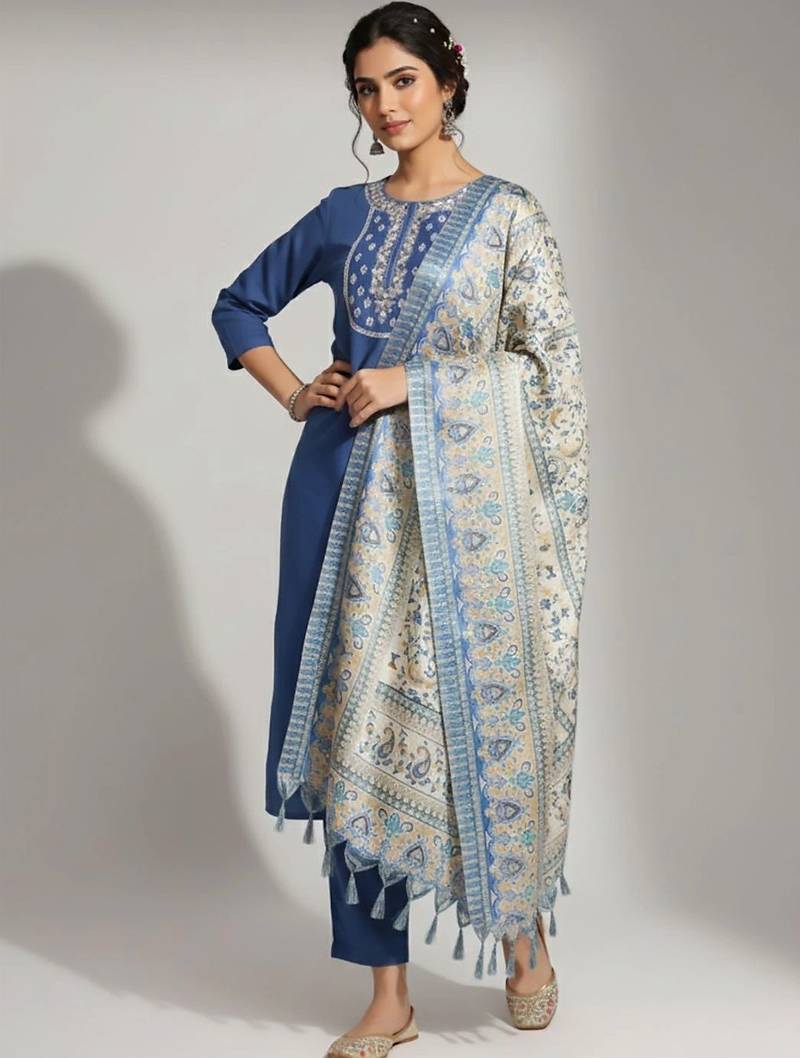 smart women embroidered kurta with trousers with dupatta