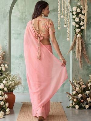 peach sequinned poly georgette saree 2