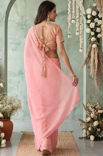 peach sequinned poly georgette saree