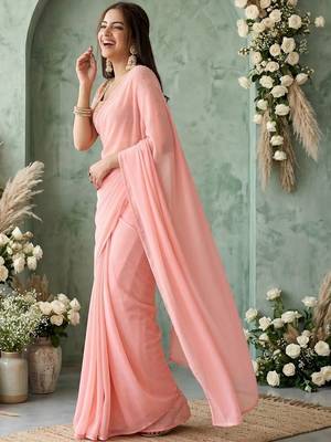 peach sequinned poly georgette saree 3