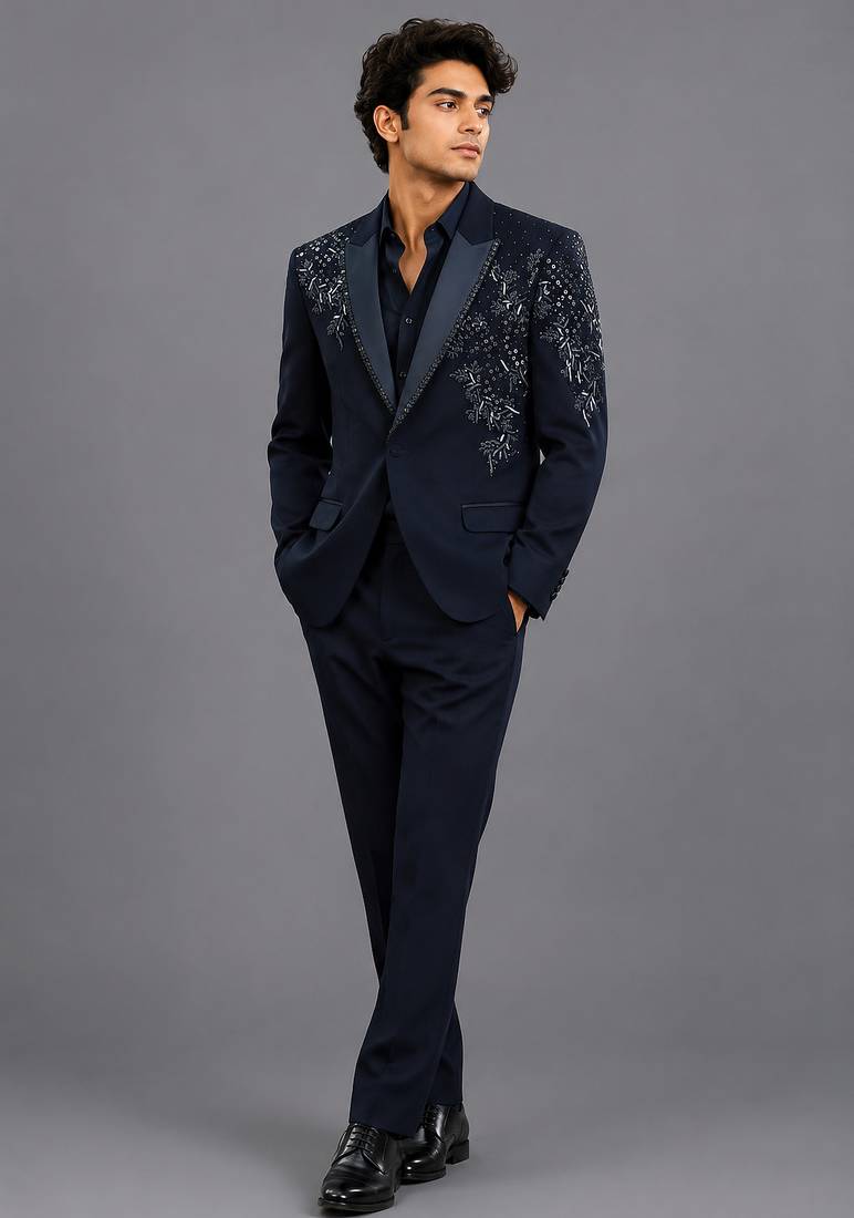Midnight blue embroidered tuxedo set