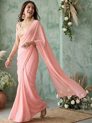 peach sequinned poly georgette saree 5