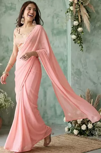 peach sequinned poly georgette saree