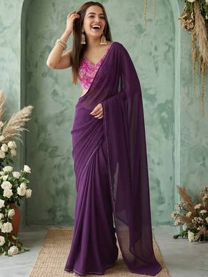 purple sequinned poly georgette saree 1