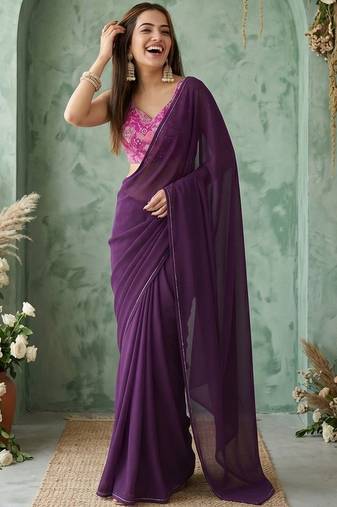 purple sequinned poly georgette saree