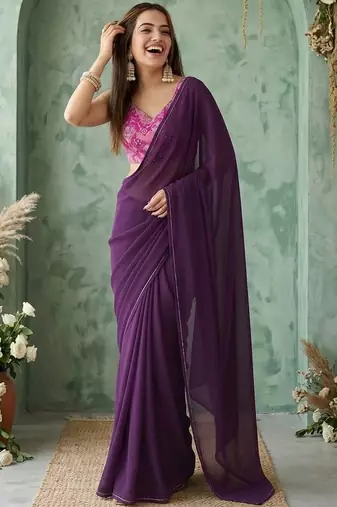 purple sequinned poly georgette saree