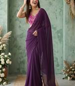 purple sequinned poly georgette saree