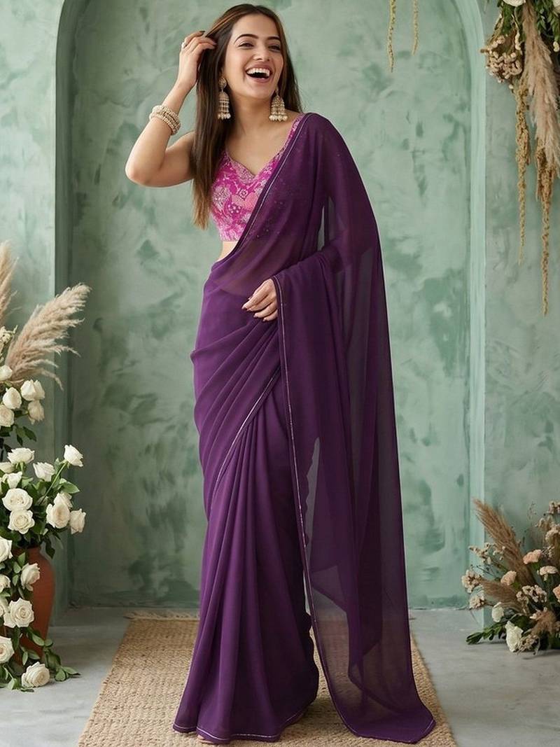 purple sequinned poly georgette saree