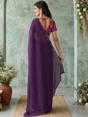 purple sequinned poly georgette saree 2