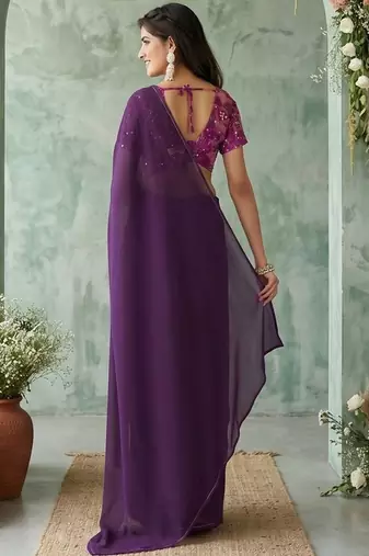 purple sequinned poly georgette saree