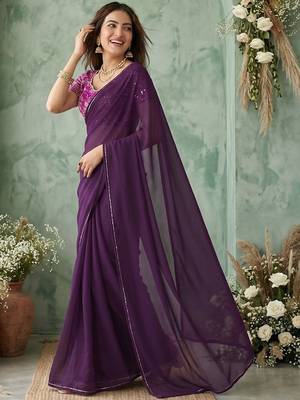 purple sequinned poly georgette saree 3