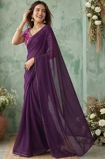 purple sequinned poly georgette saree