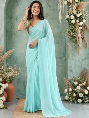 turquoise embroidered poly georgette saree 1