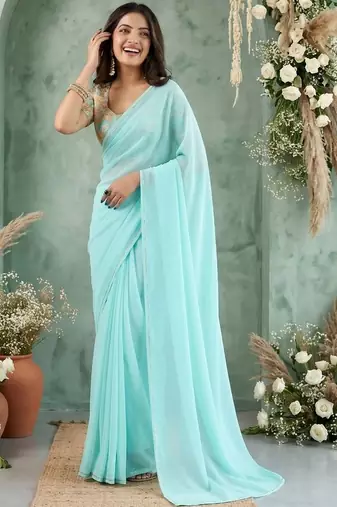 turquoise embroidered poly georgette saree