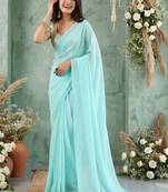 turquoise embroidered poly georgette saree