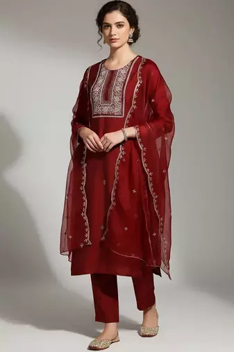 structured women embroidered kurta with trousers with dupatta