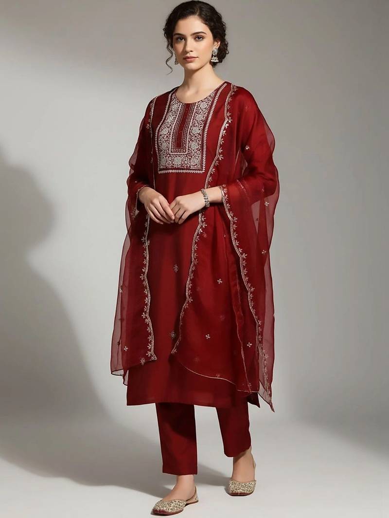 structured women embroidered kurta with trousers with dupatta
