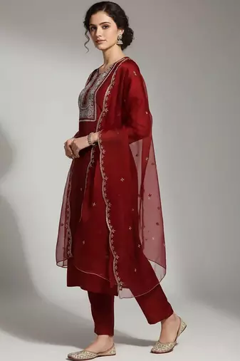 structured women embroidered kurta with trousers with dupatta