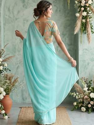 turquoise embroidered poly georgette saree 2