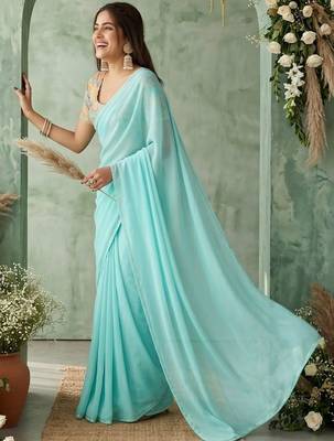 turquoise embroidered poly georgette saree 3