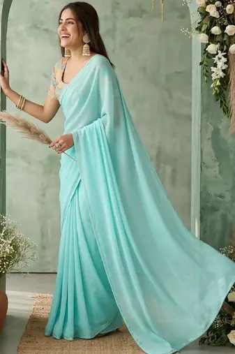 turquoise embroidered poly georgette saree