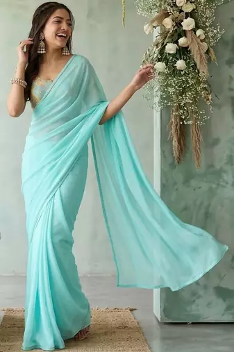 turquoise embroidered poly georgette saree