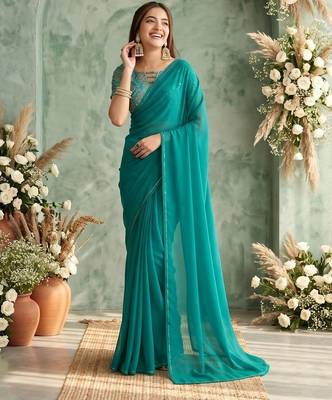 teal embellished sequinned poly georgette saree 1