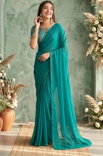 teal embellished sequinned poly georgette saree