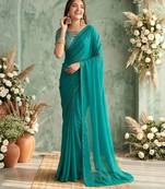 teal embellished sequinned poly georgette saree