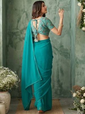 teal embellished sequinned poly georgette saree 2