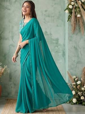 teal embellished sequinned poly georgette saree 3