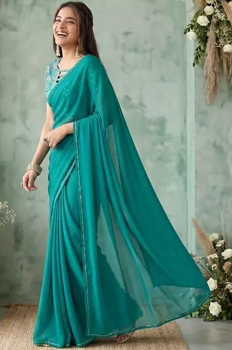 teal embellished sequinned poly georgette saree