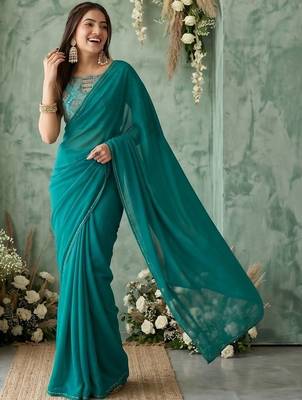 teal embellished sequinned poly georgette saree 5