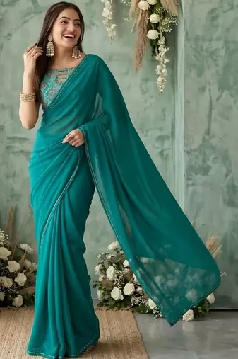 teal embellished sequinned poly georgette saree