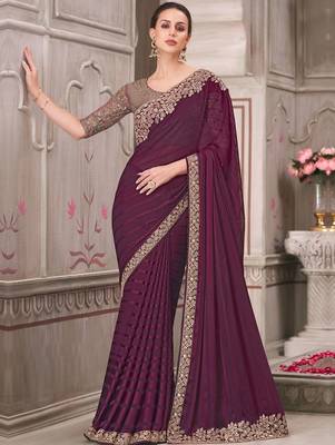 magenta sequinned georgette saree 1