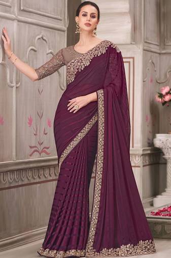 magenta sequinned georgette saree