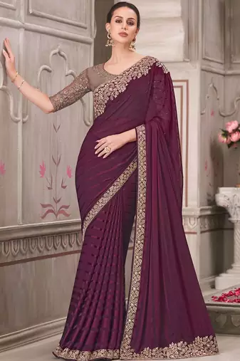 magenta sequinned georgette saree