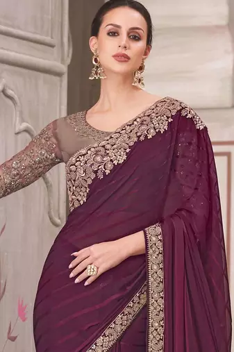 magenta sequinned georgette saree
