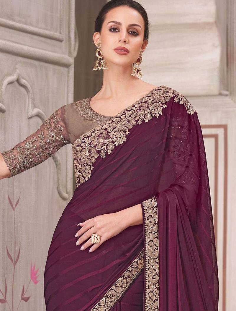 magenta sequinned georgette saree