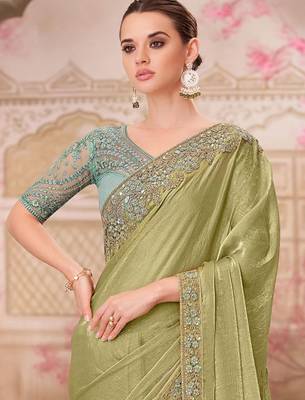 green women sequinned pure chiffon saree 1