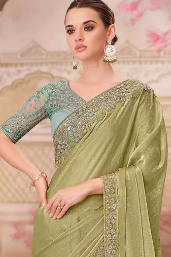green women sequinned pure chiffon saree