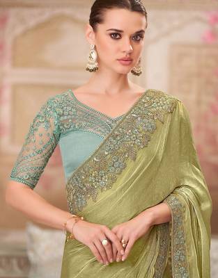 green women sequinned pure chiffon saree 2