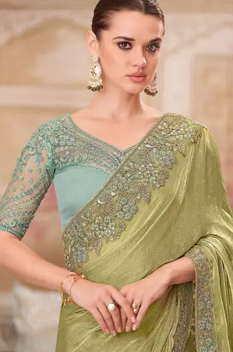 green women sequinned pure chiffon saree