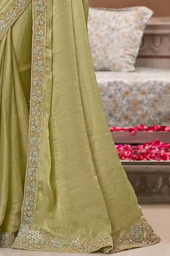 green women sequinned pure chiffon saree
