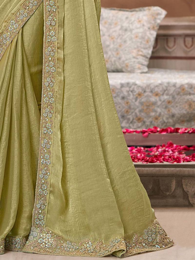 green women sequinned pure chiffon saree